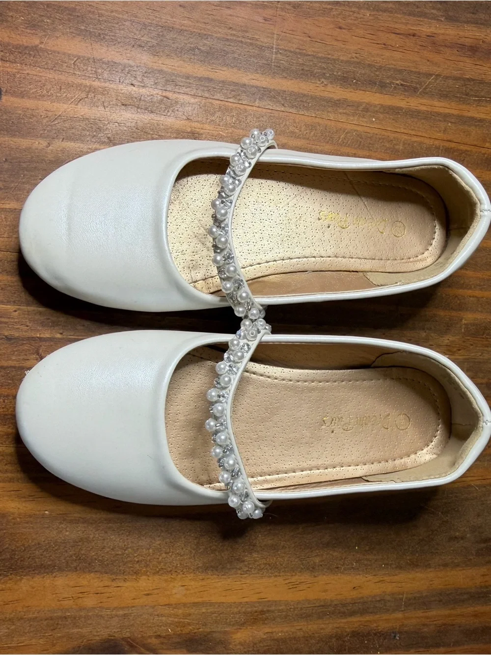 Pearl-Embellished White Mary Jane Flats